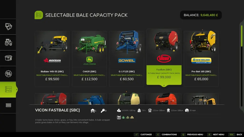 Selectable Bale Capacity Pack